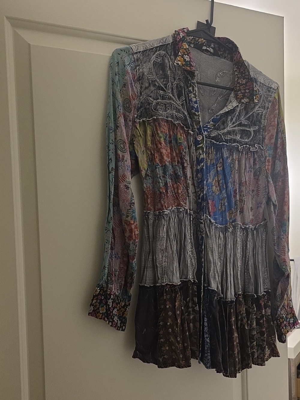 Women's Patchwork Button-Front Boho Shirt - Multi-Color